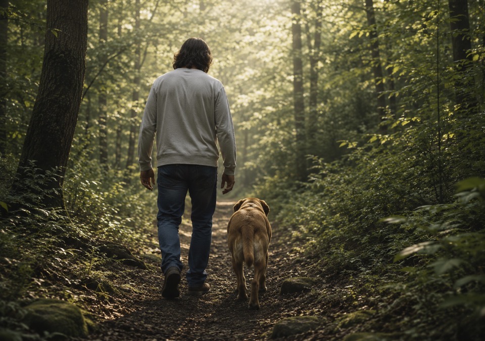 Randy and Cinnamon walking the summer forest trail