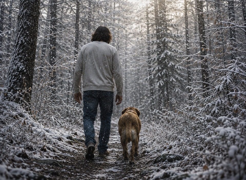 Randy and Cinnamon walking through the snowy Wisconsin forest